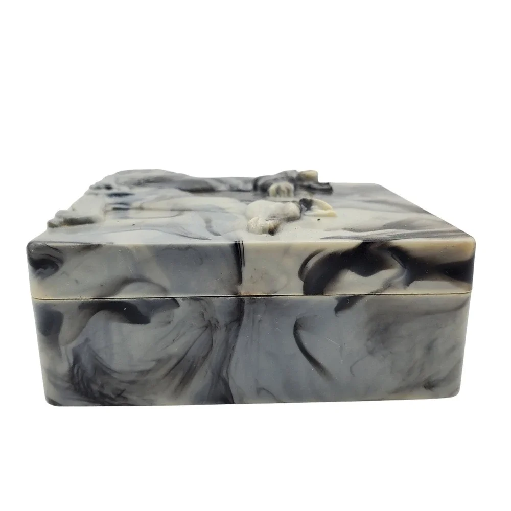 Hickok Trinket Box Gray Marbleized Acrylic Stag Deer Relief Vintage MCM Decor